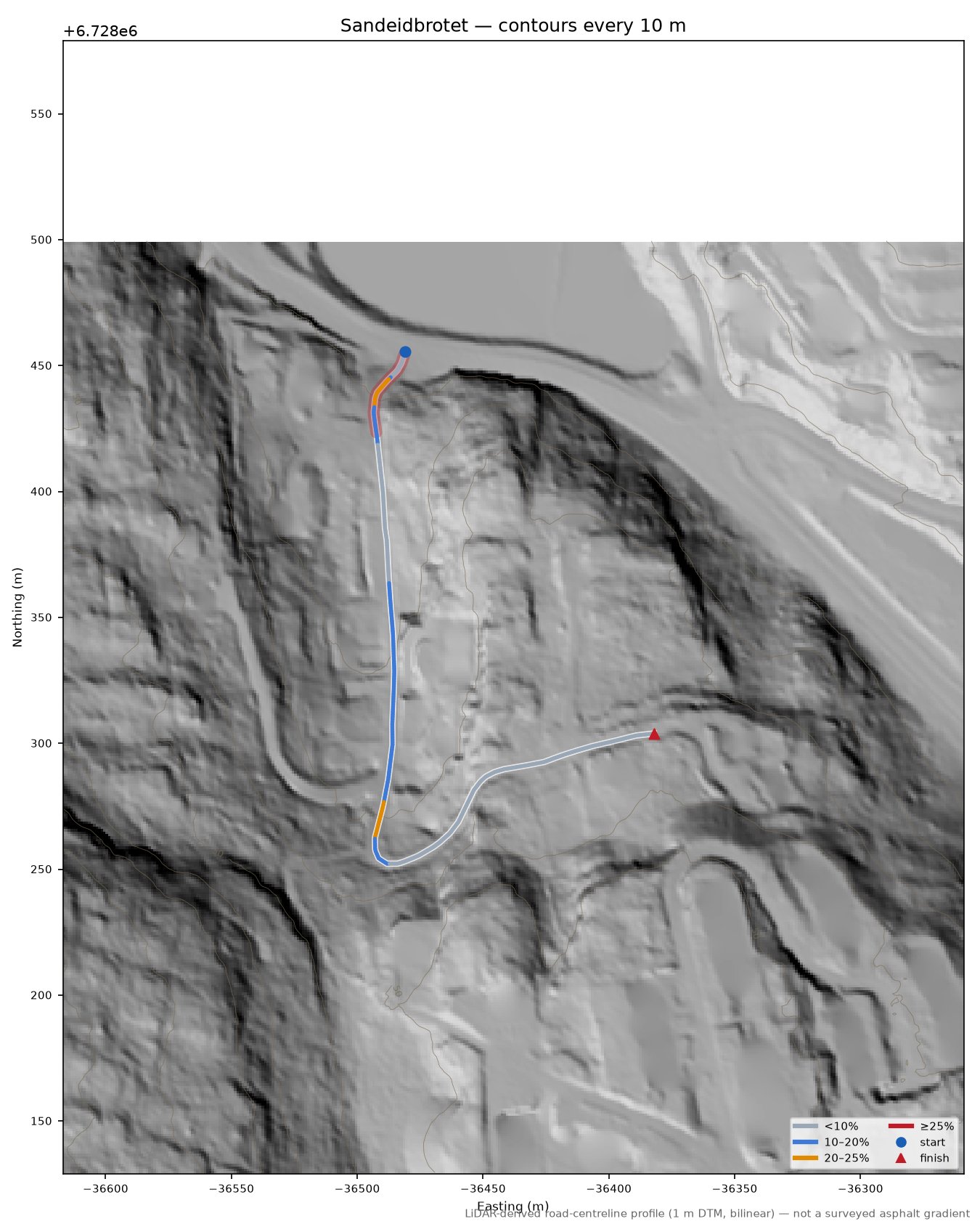Sandeidbrotet LiDAR hillshade map with contours
