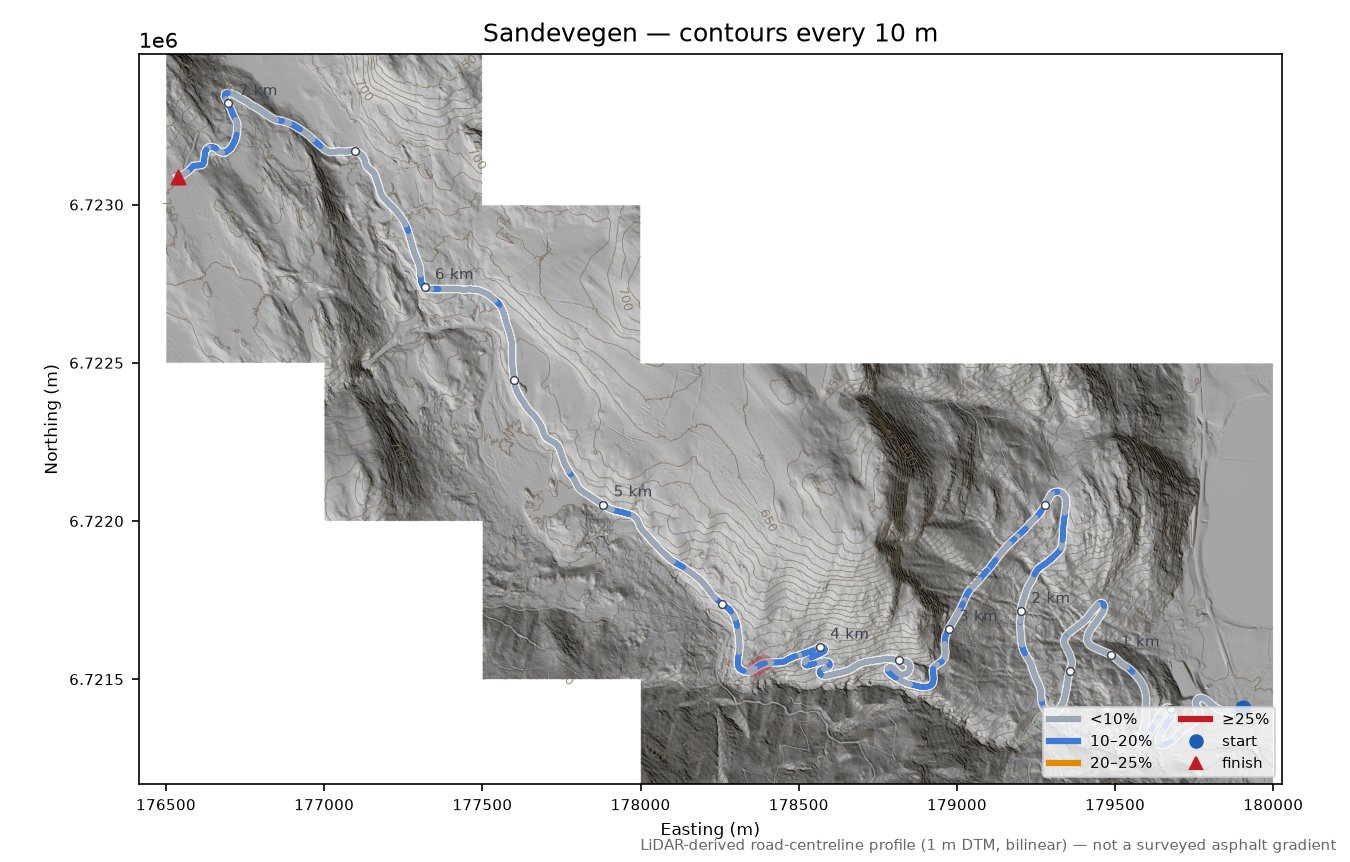 Sandevegen LiDAR hillshade map with contours
