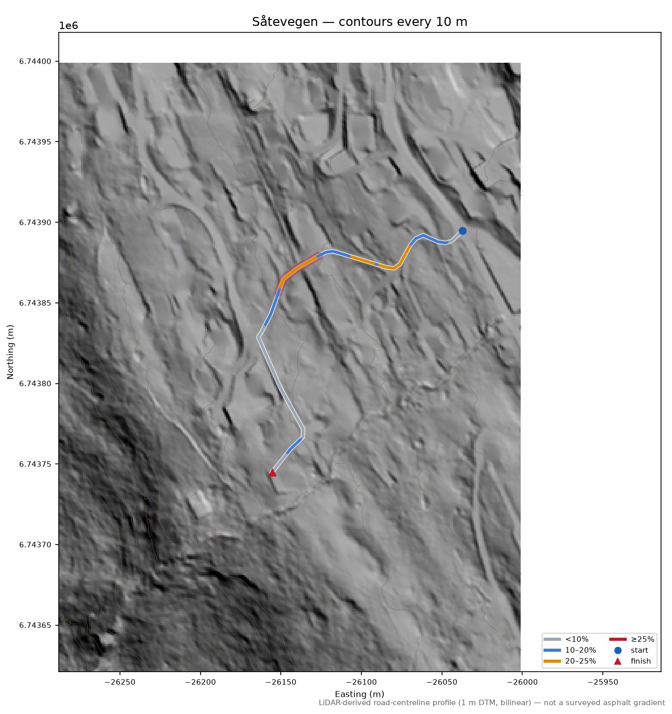 Såtevegen LiDAR hillshade map with contours