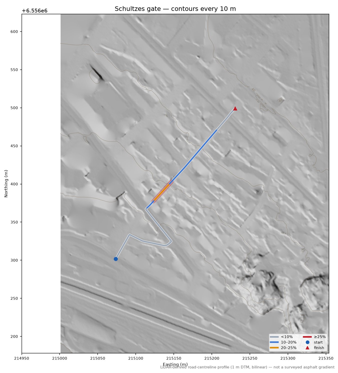 Schultzes gate LiDAR hillshade map with contours