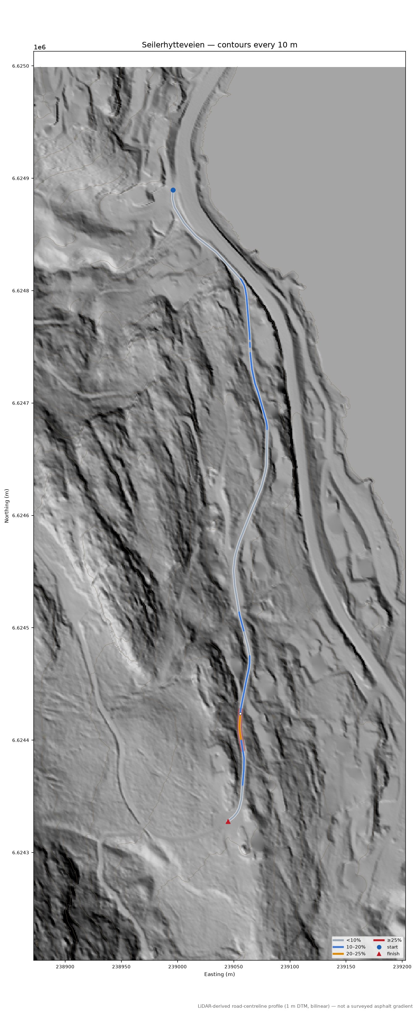 Seilerhytteveien LiDAR hillshade map with contours