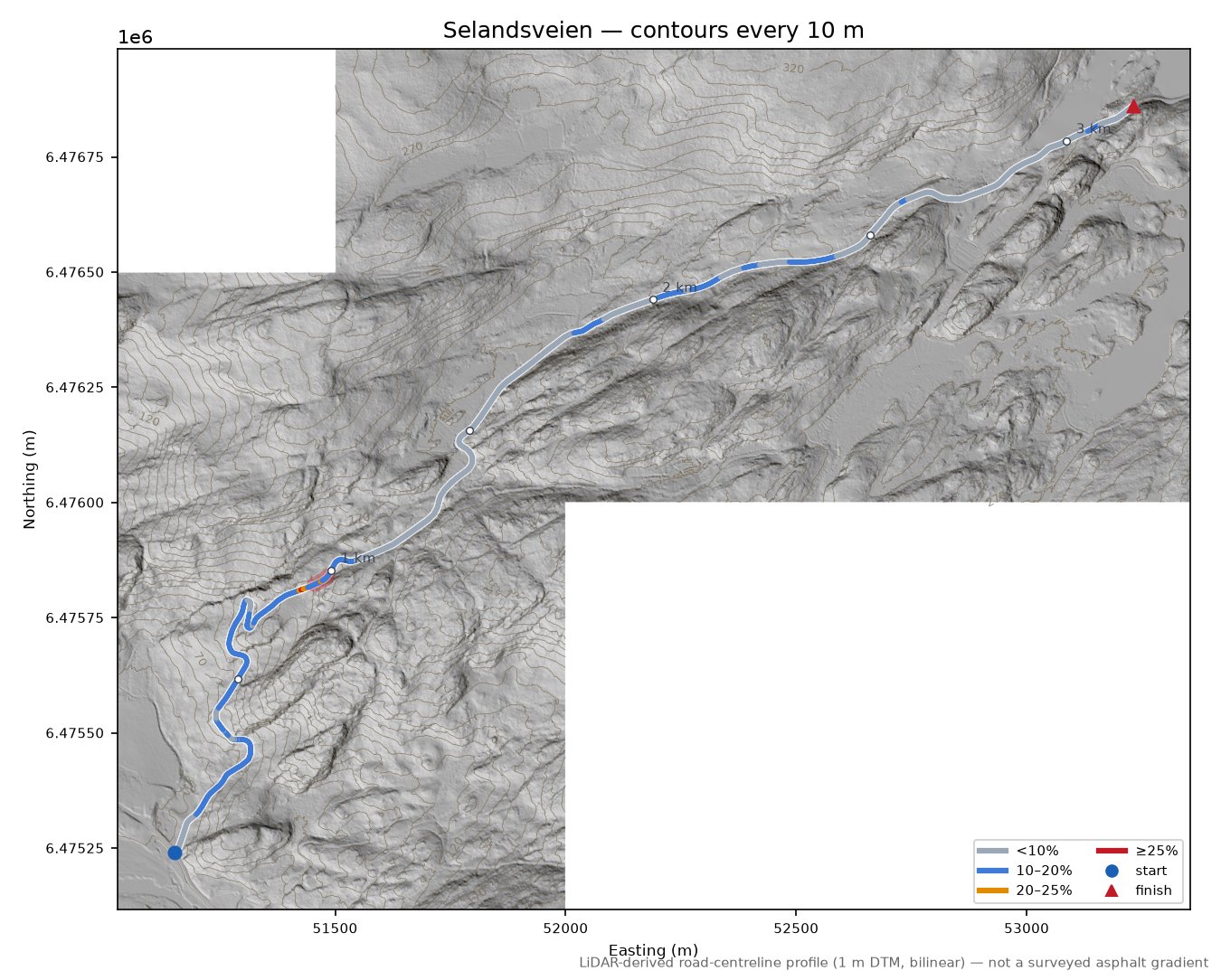 Selandsveien LiDAR hillshade map with contours