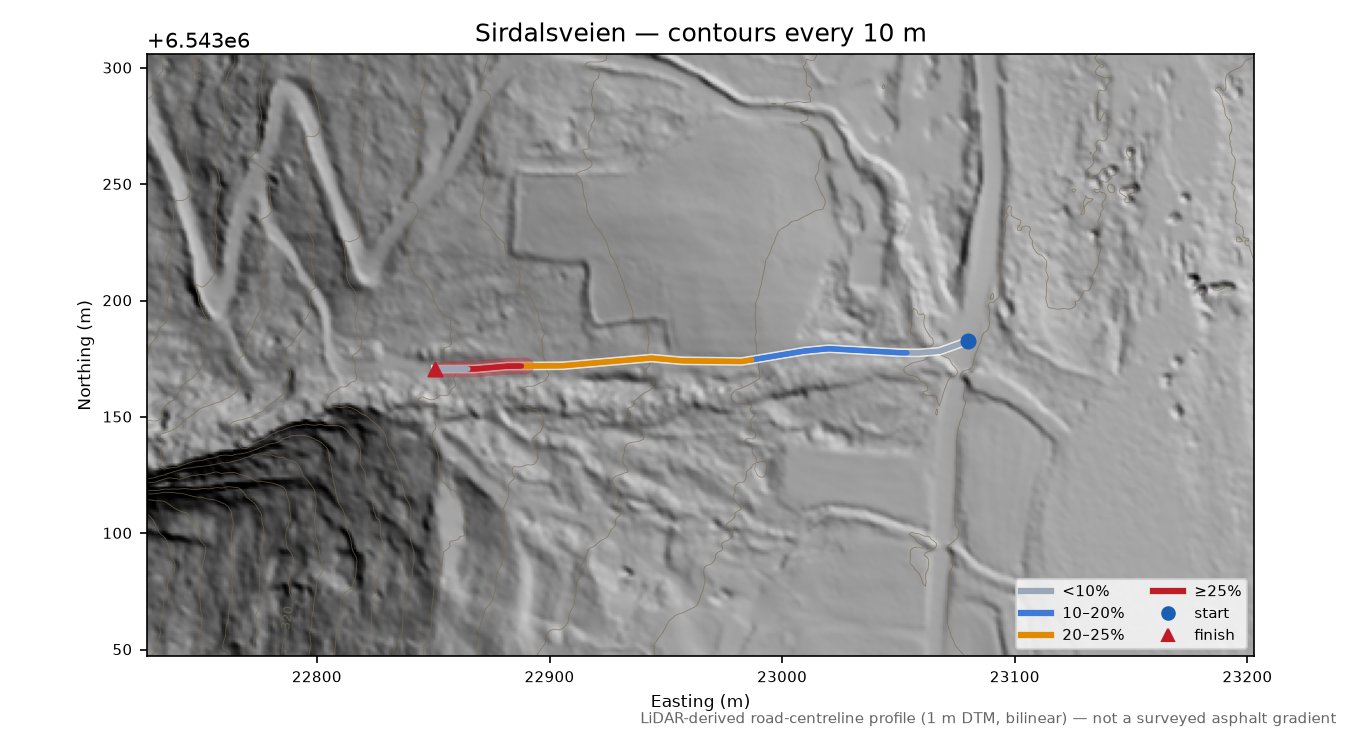 Sirdalsveien LiDAR hillshade map with contours