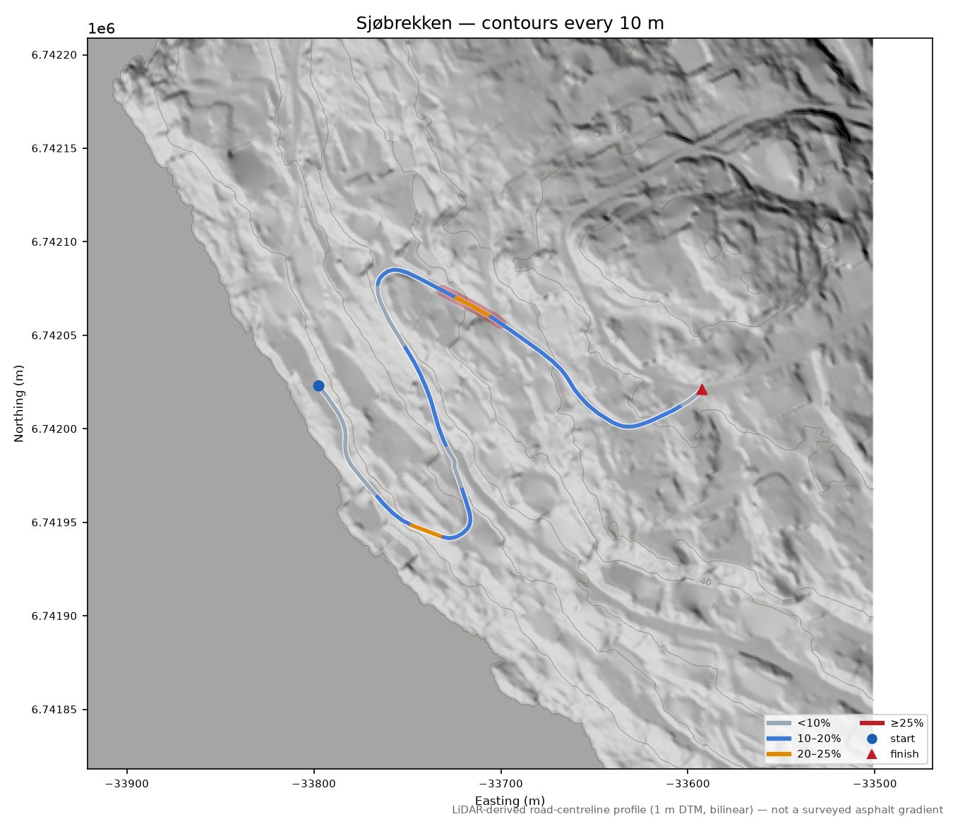 Sjøbrekken LiDAR hillshade map with contours