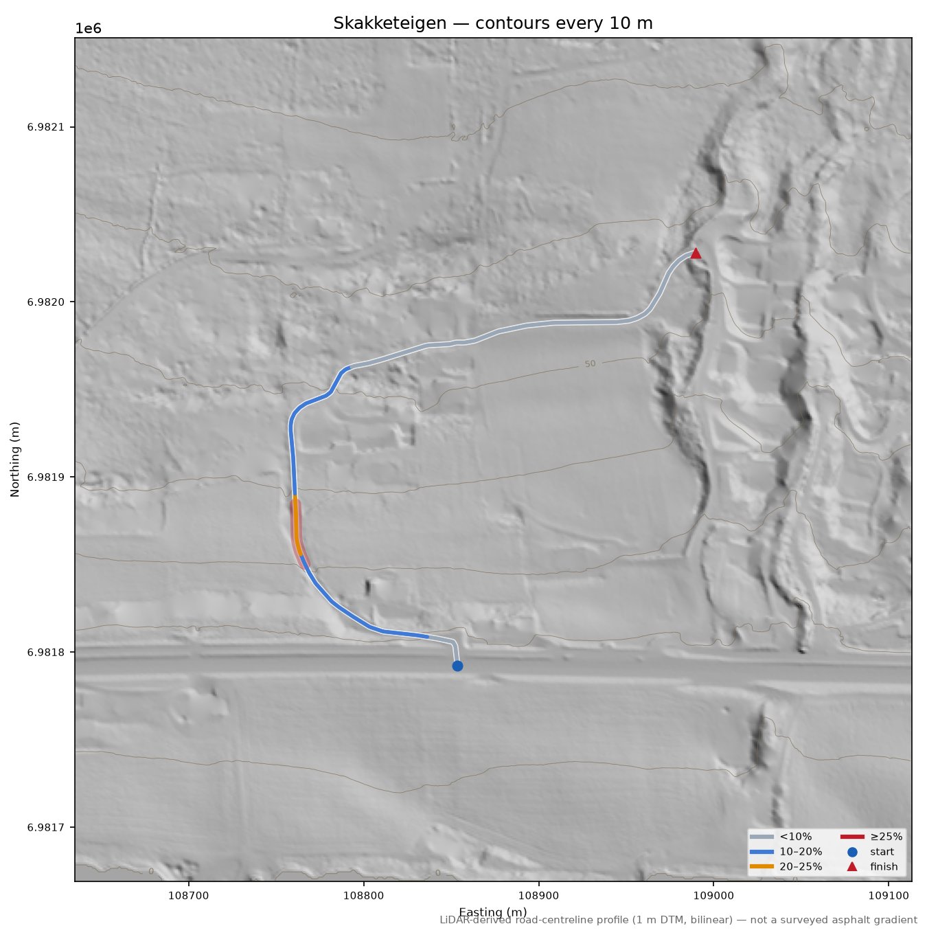 Skakketeigen LiDAR hillshade map with contours