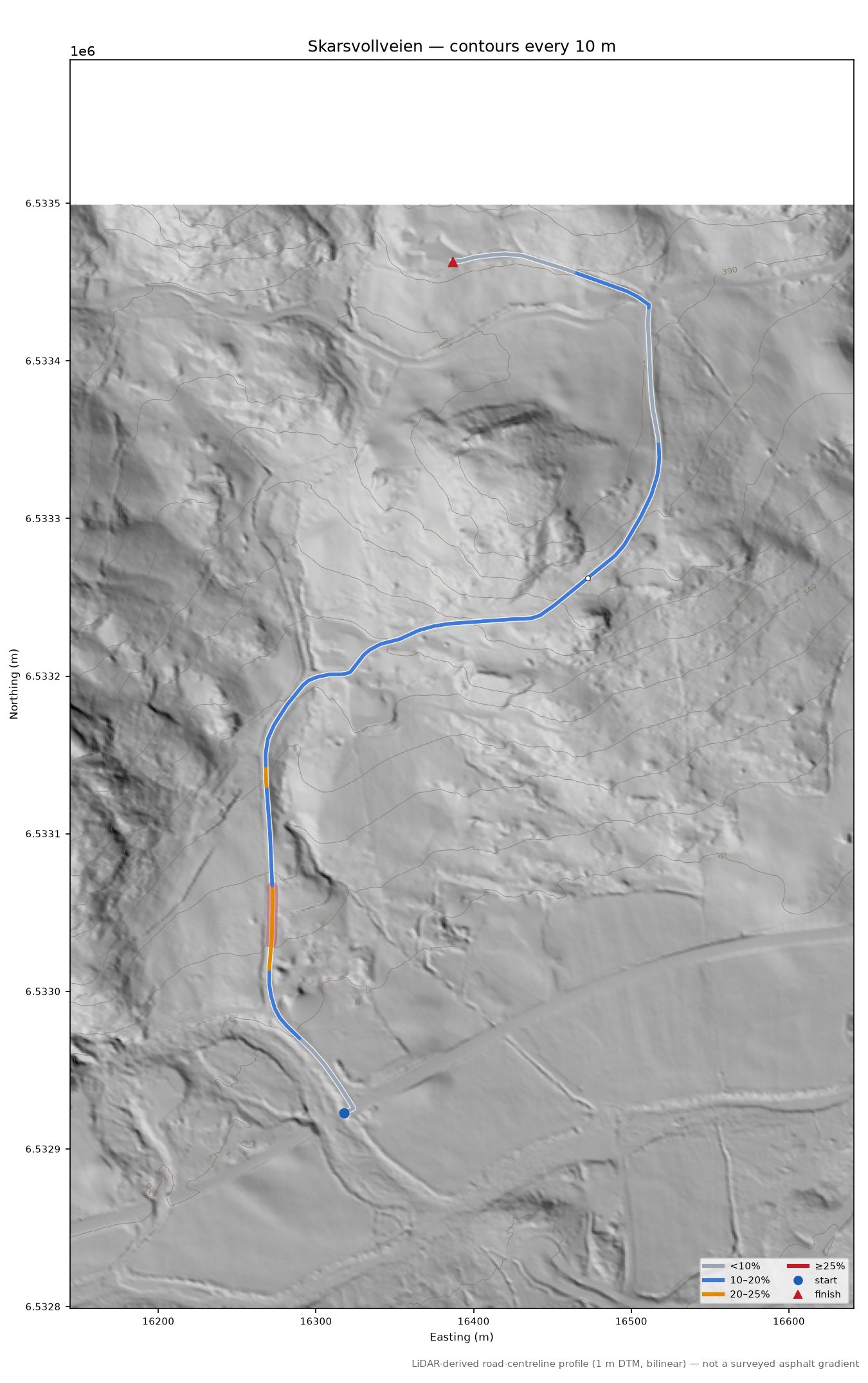 Skarsvollveien LiDAR hillshade map with contours