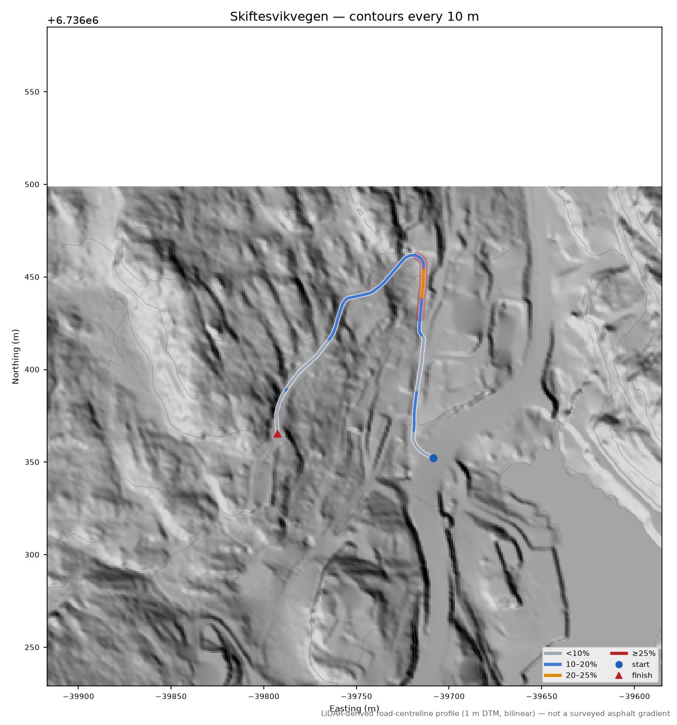 Skiftesvikvegen LiDAR hillshade map with contours