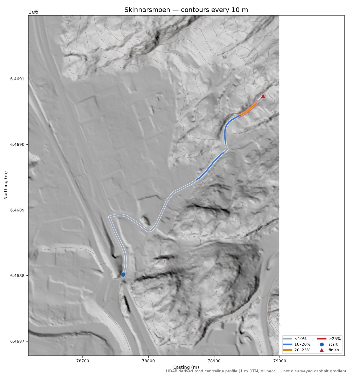 Skinnarsmoen LiDAR hillshade map with contours