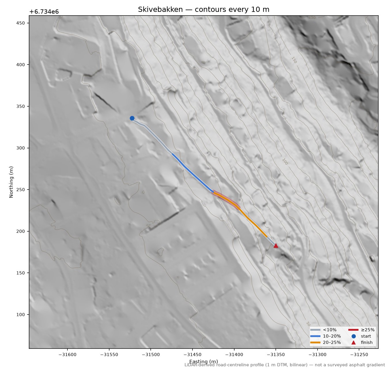 Skivebakken LiDAR hillshade map with contours