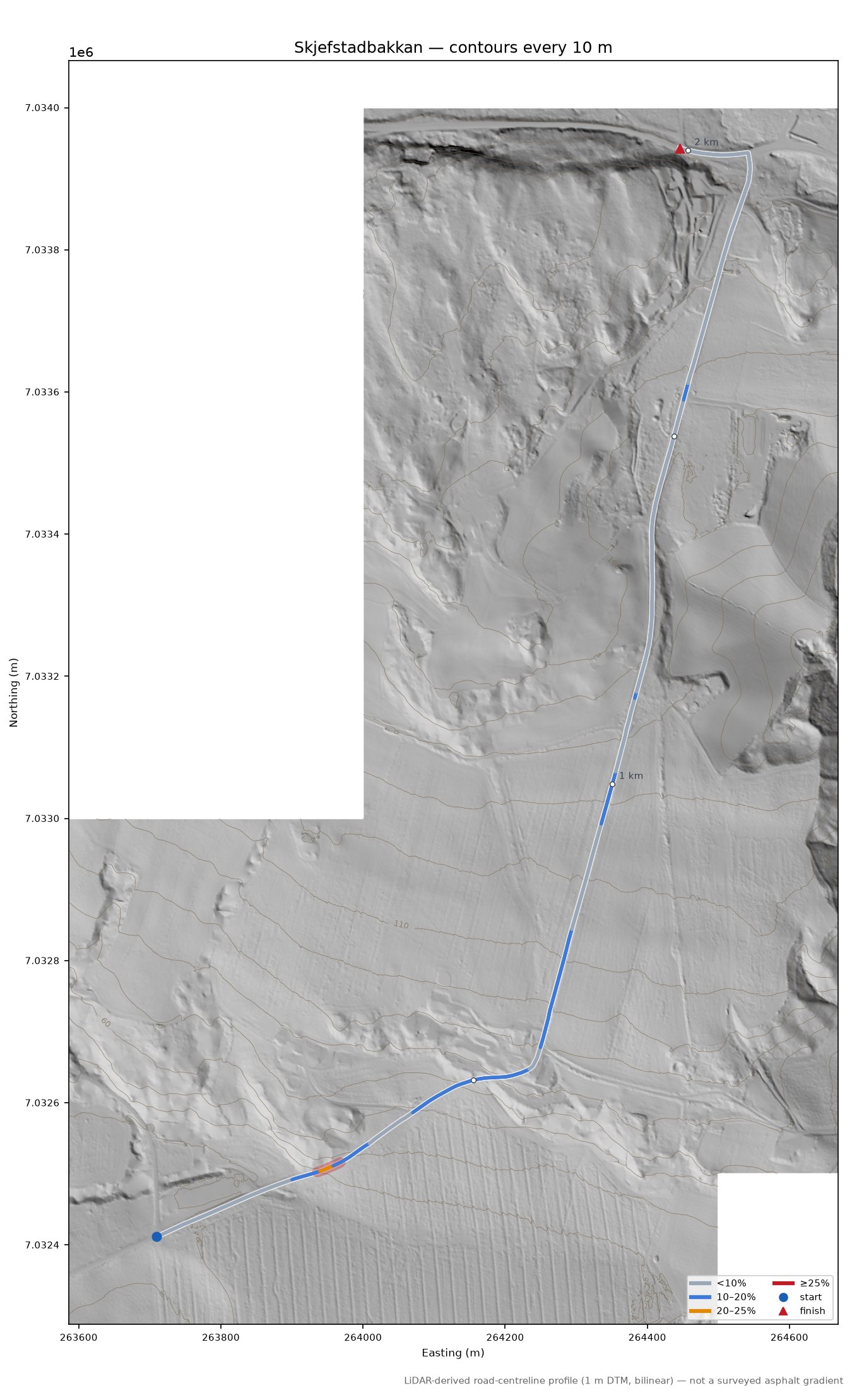 Skjefstadbakkan LiDAR hillshade map with contours