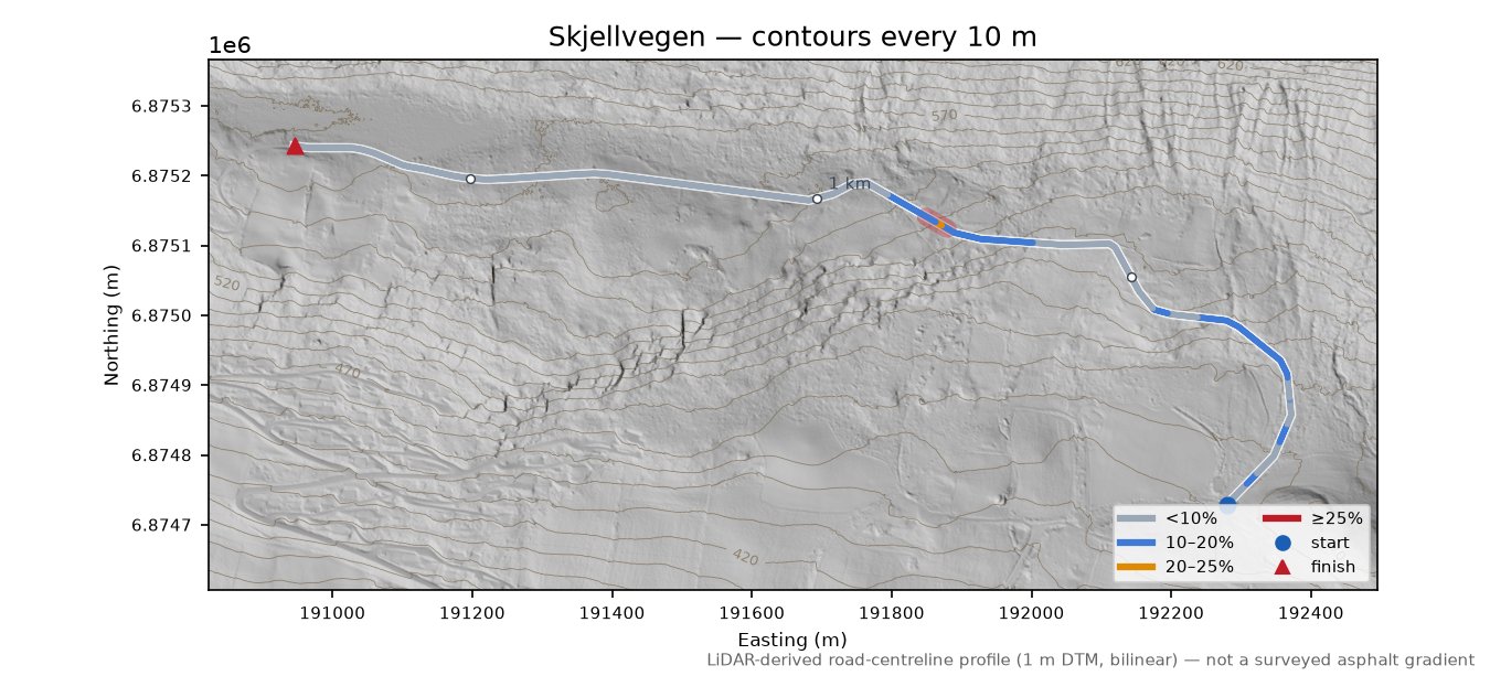 Skjellvegen LiDAR hillshade map with contours