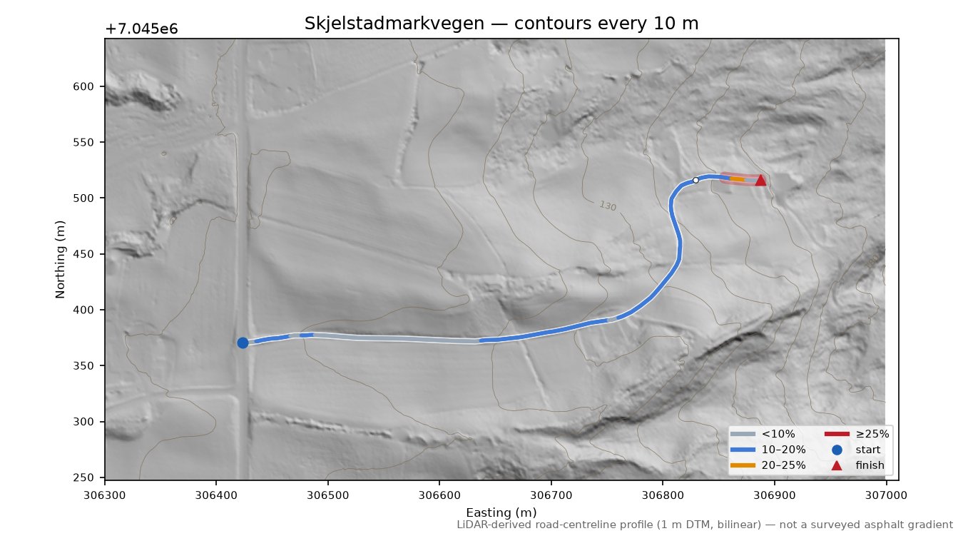 Skjelstadmarkvegen LiDAR hillshade map with contours