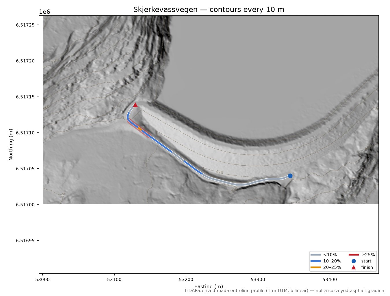 Skjerkevassvegen LiDAR hillshade map with contours