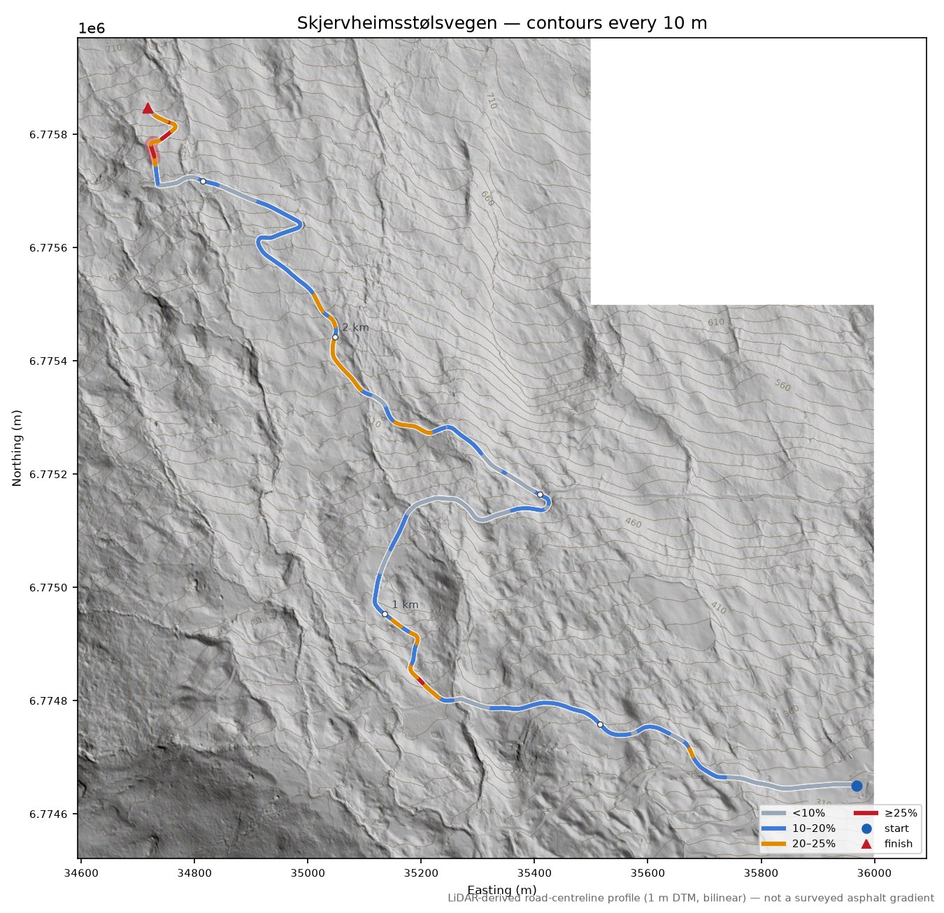 Skjervheimsstølsvegen LiDAR hillshade map with contours
