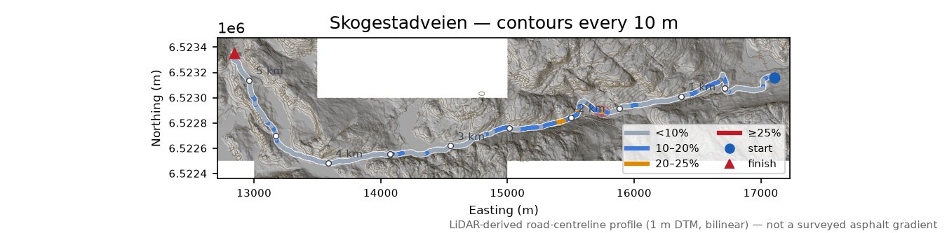 Skogestadveien LiDAR hillshade map with contours