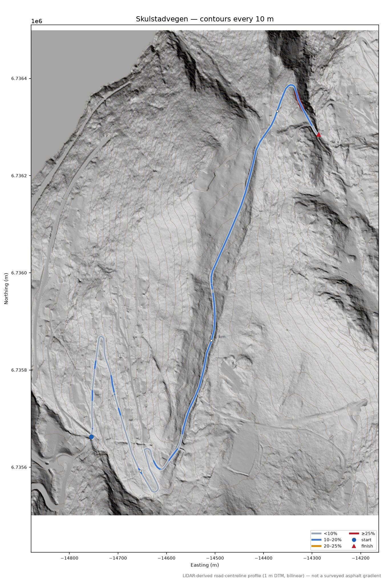 Skulstadvegen LiDAR hillshade map with contours