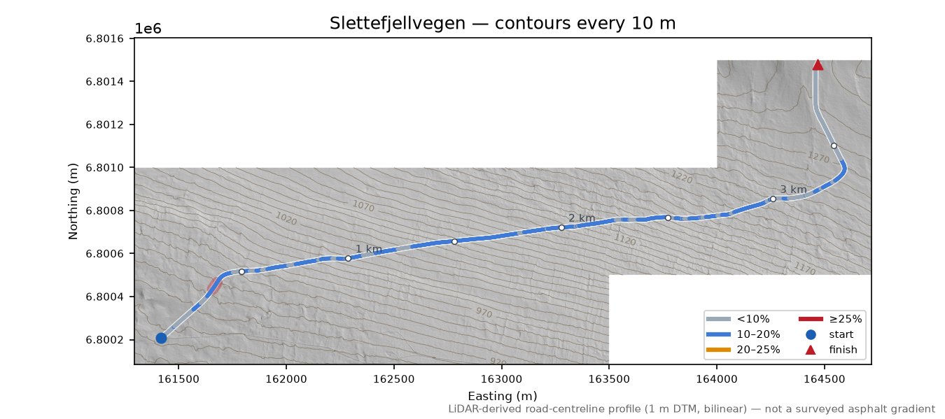Slettefjellvegen LiDAR hillshade map with contours