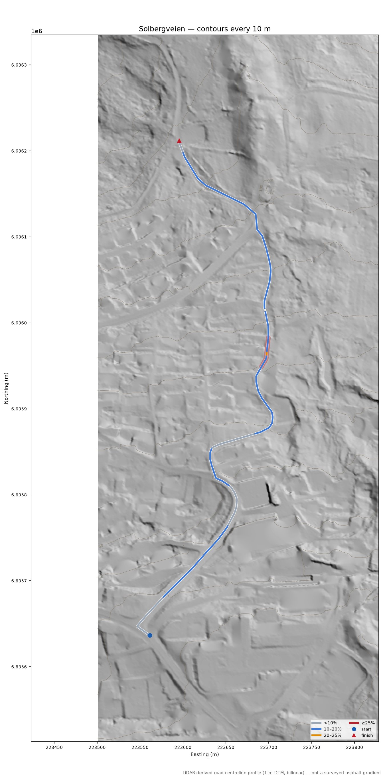 Solbergveien LiDAR hillshade map with contours