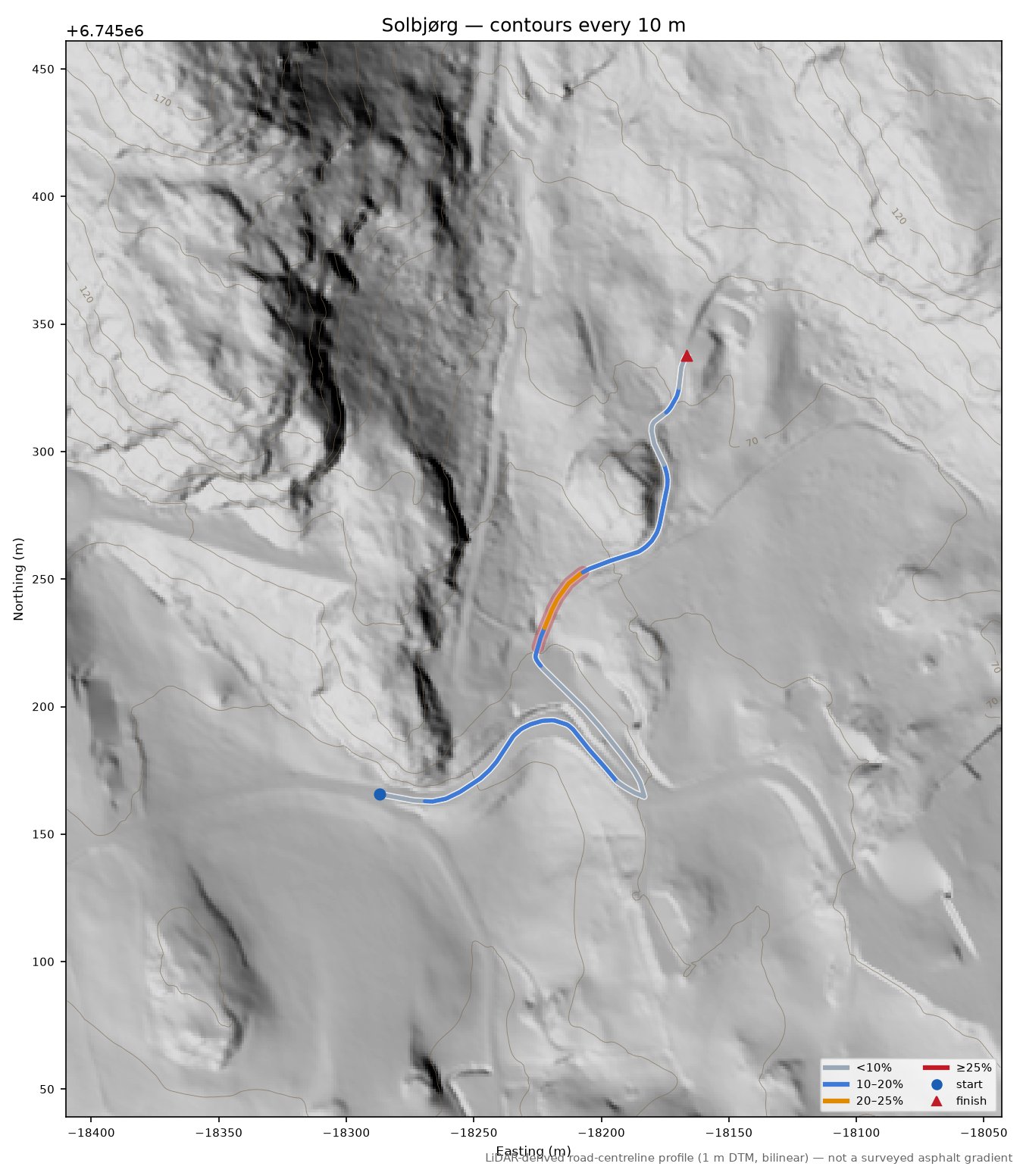 Solbjørg LiDAR hillshade map with contours