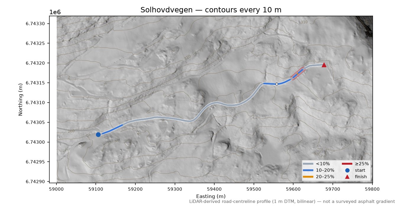 Solhovdvegen LiDAR hillshade map with contours