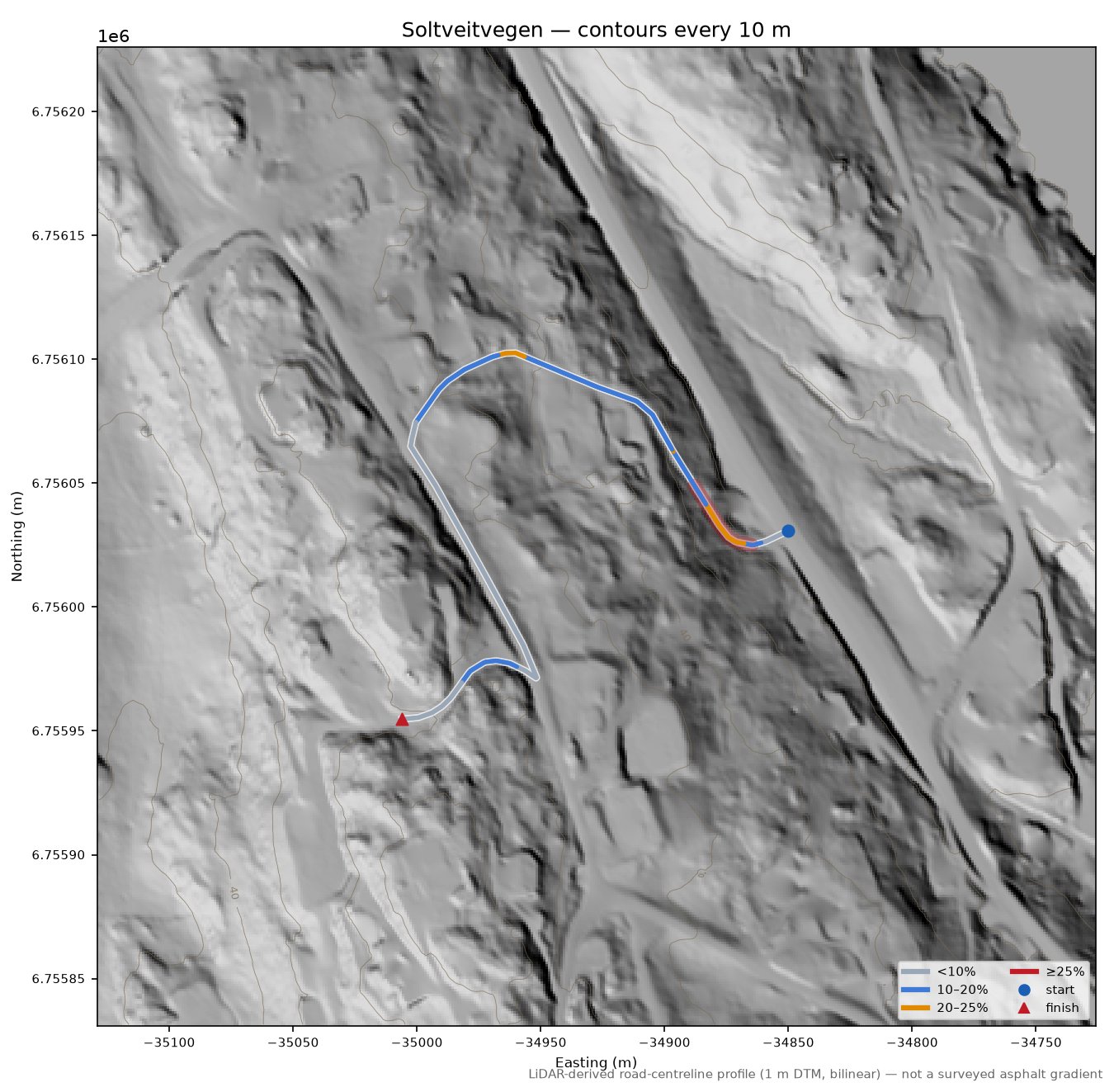 Soltveitvegen LiDAR hillshade map with contours
