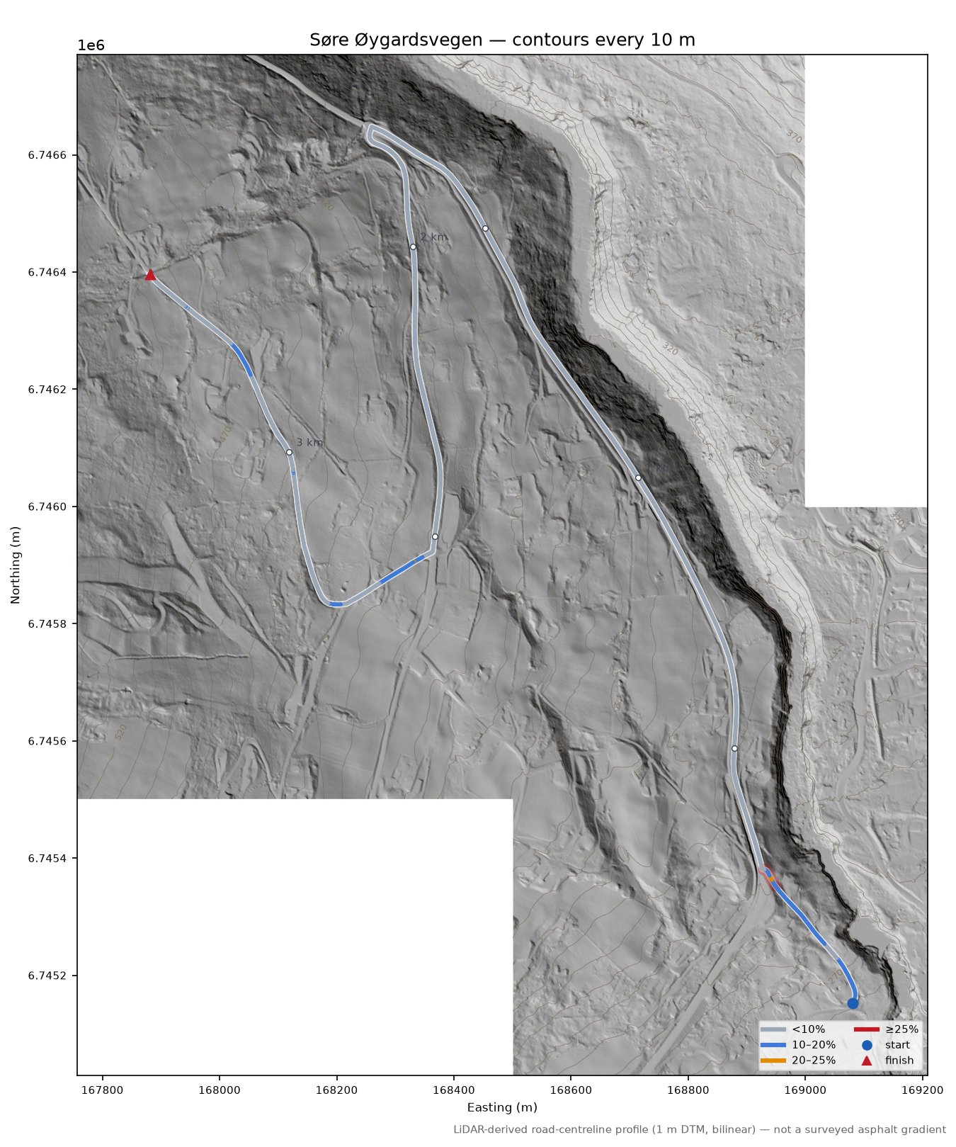 Søre Øygardsvegen LiDAR hillshade map with contours
