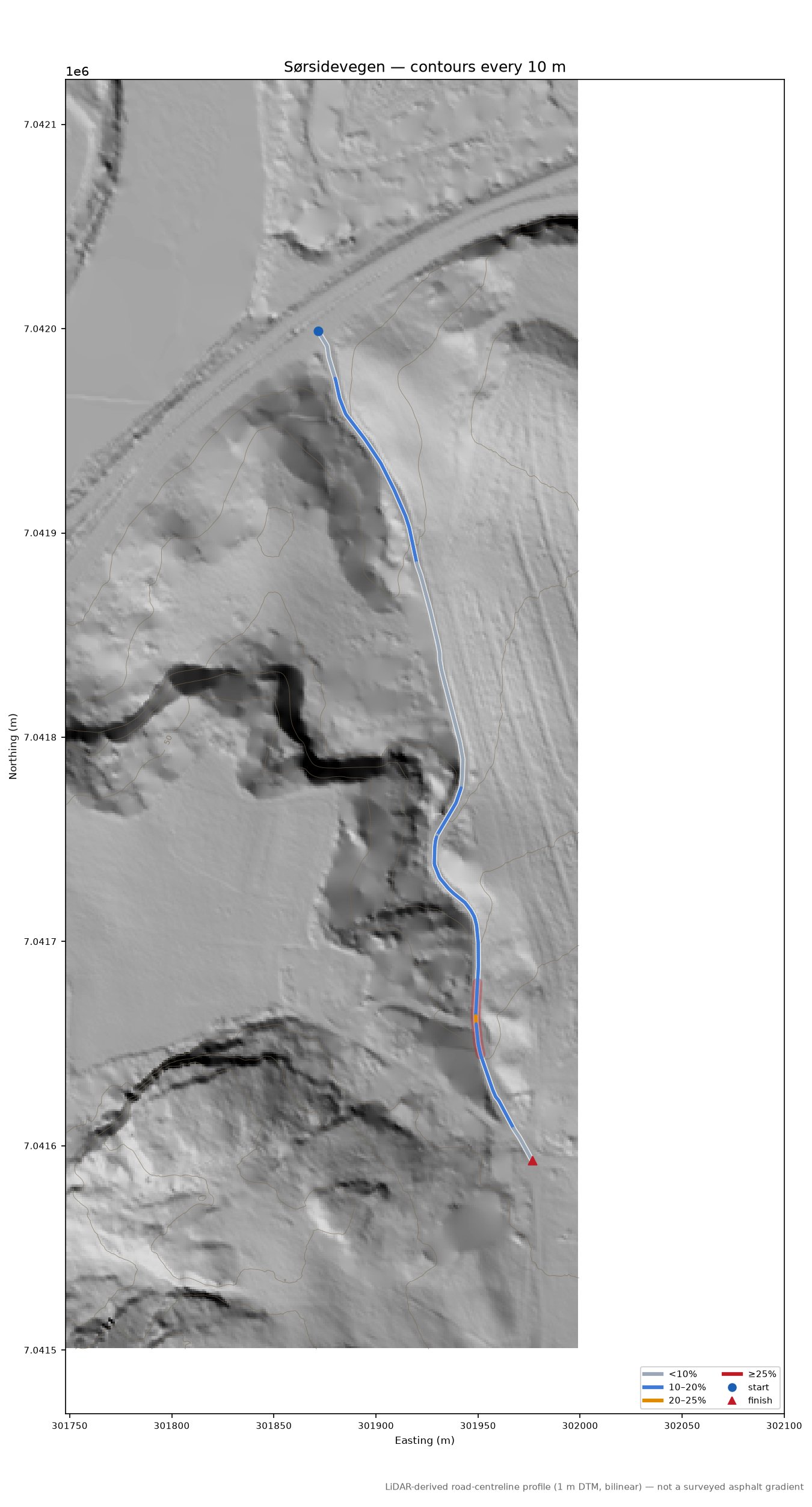 Sørsidevegen LiDAR hillshade map with contours