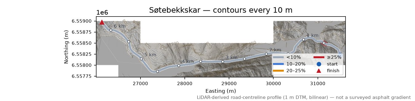 Søtebekkskar LiDAR hillshade map with contours