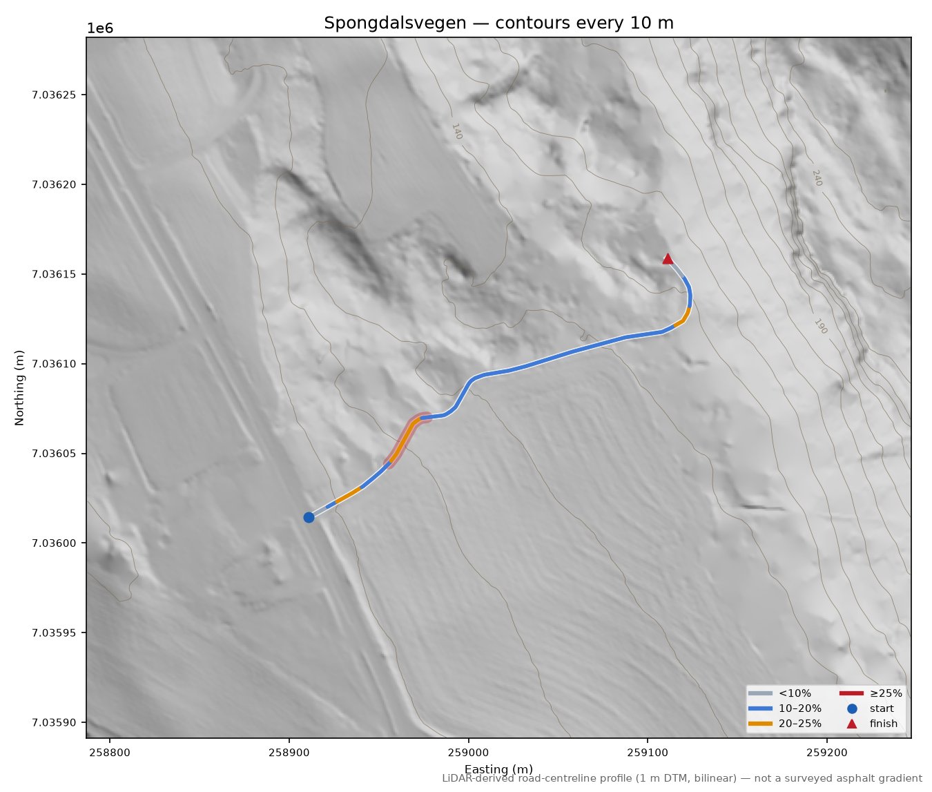 Spongdalsvegen LiDAR hillshade map with contours
