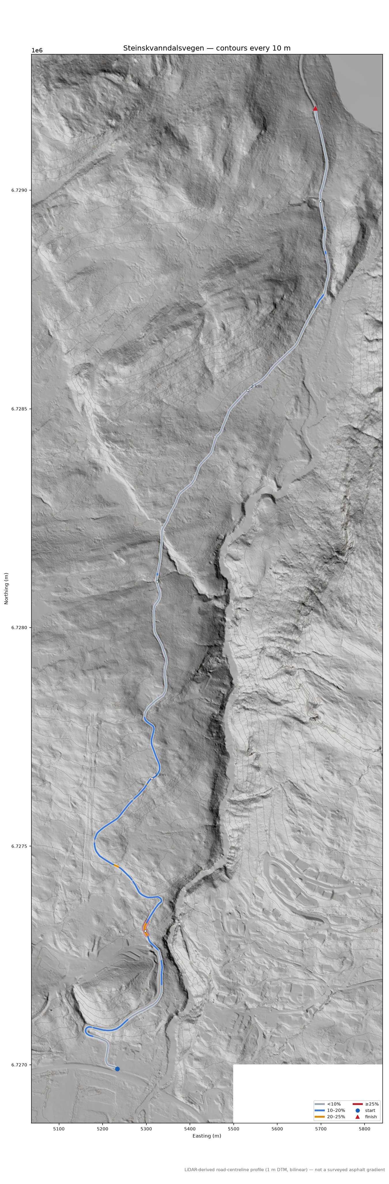 Steinskvanndalsvegen LiDAR hillshade map with contours