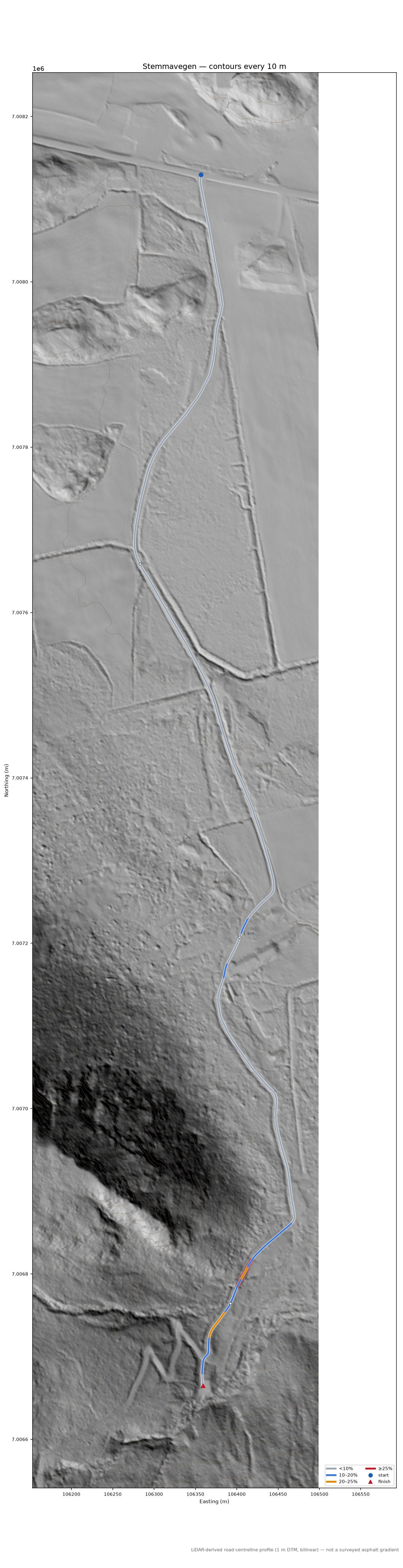 Stemmavegen LiDAR hillshade map with contours