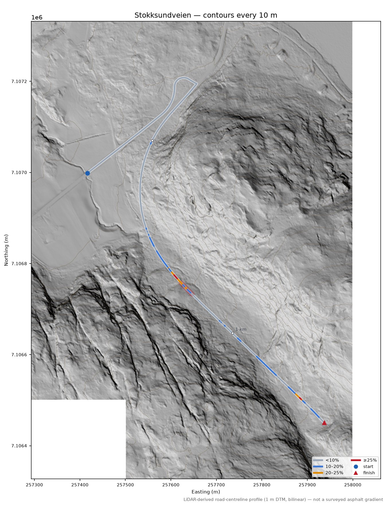 Stokksundveien LiDAR hillshade map with contours