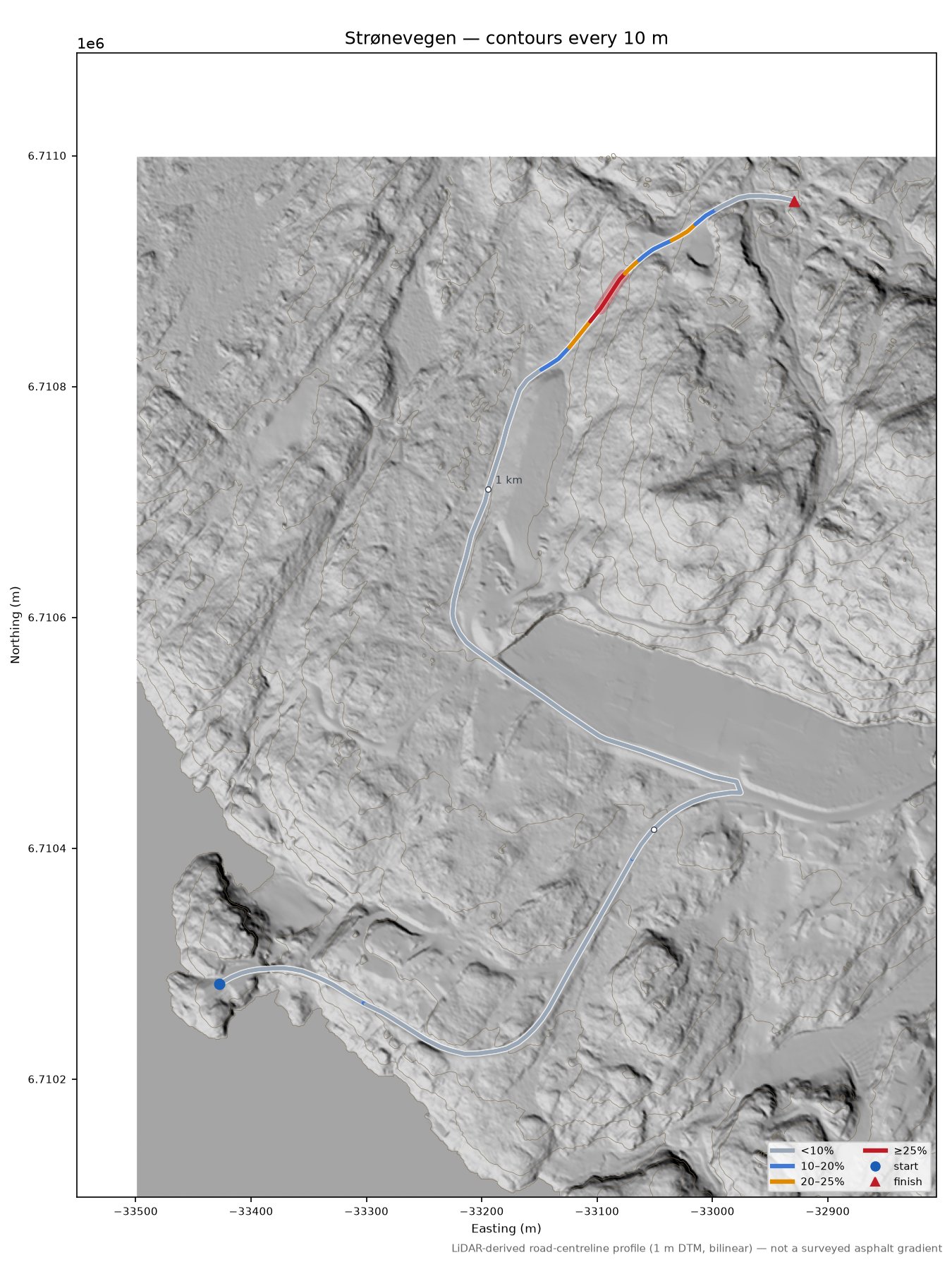 Strønevegen LiDAR hillshade map with contours