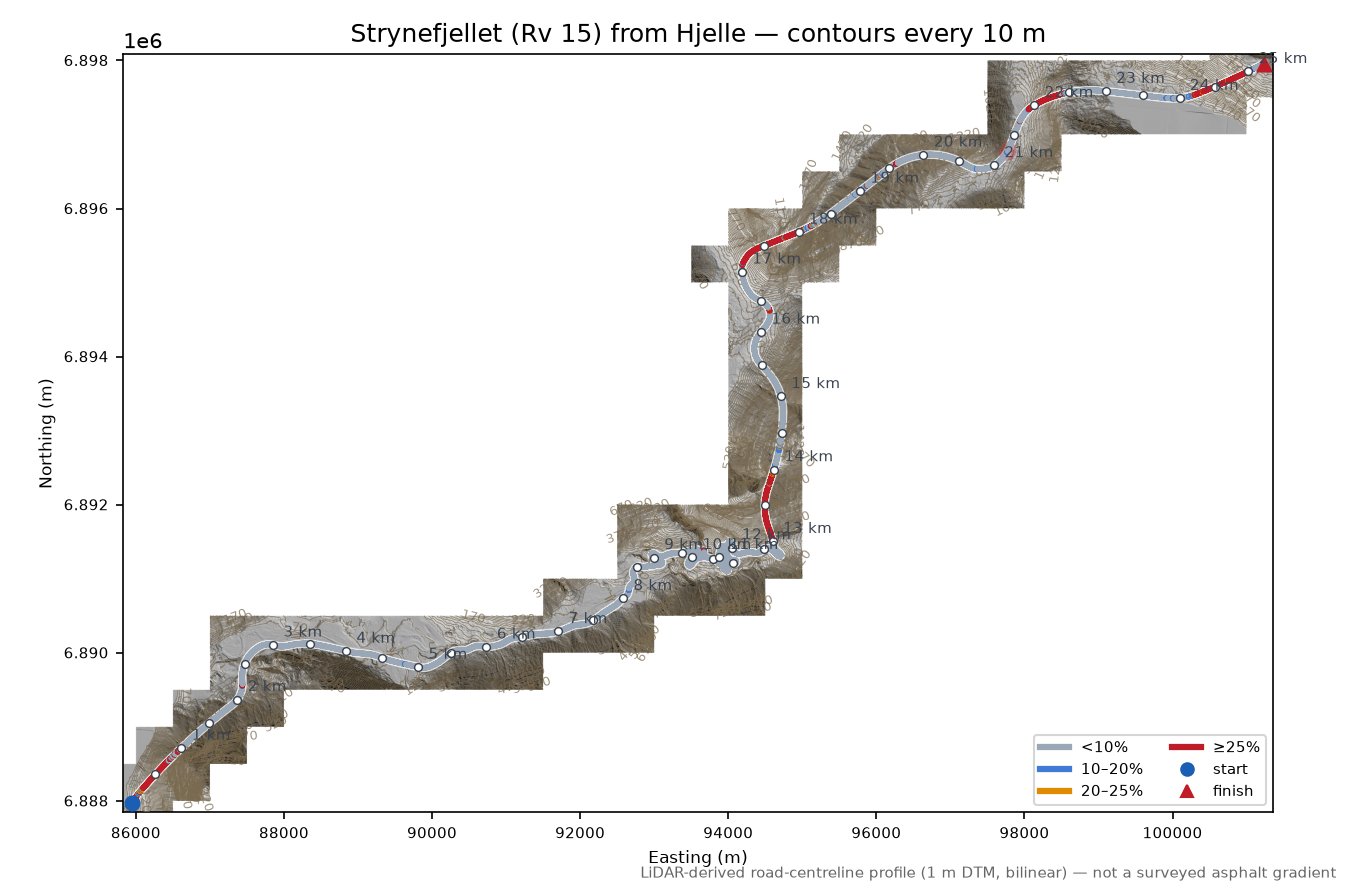 Strynefjellet (Rv 15) from Hjelle LiDAR hillshade map with contours