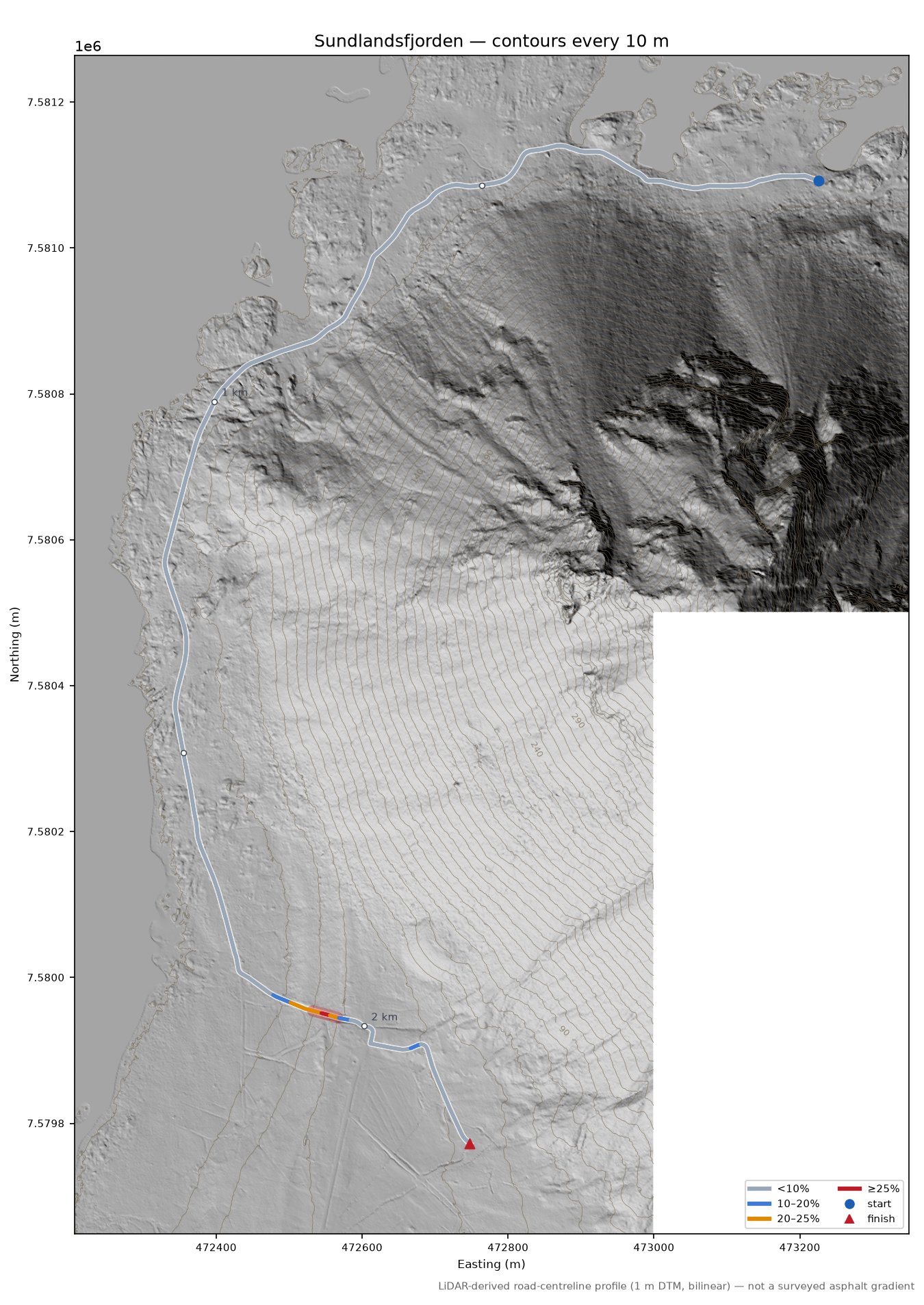 Sundlandsfjorden LiDAR hillshade map with contours