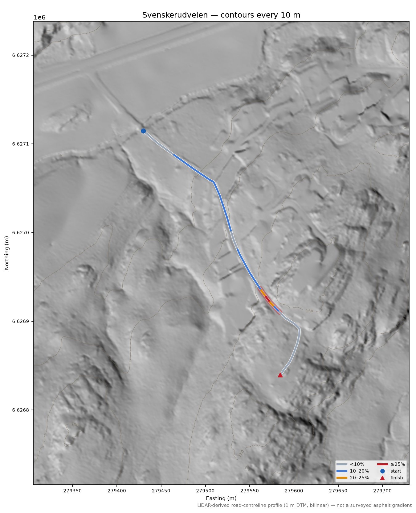Svenskerudveien LiDAR hillshade map with contours