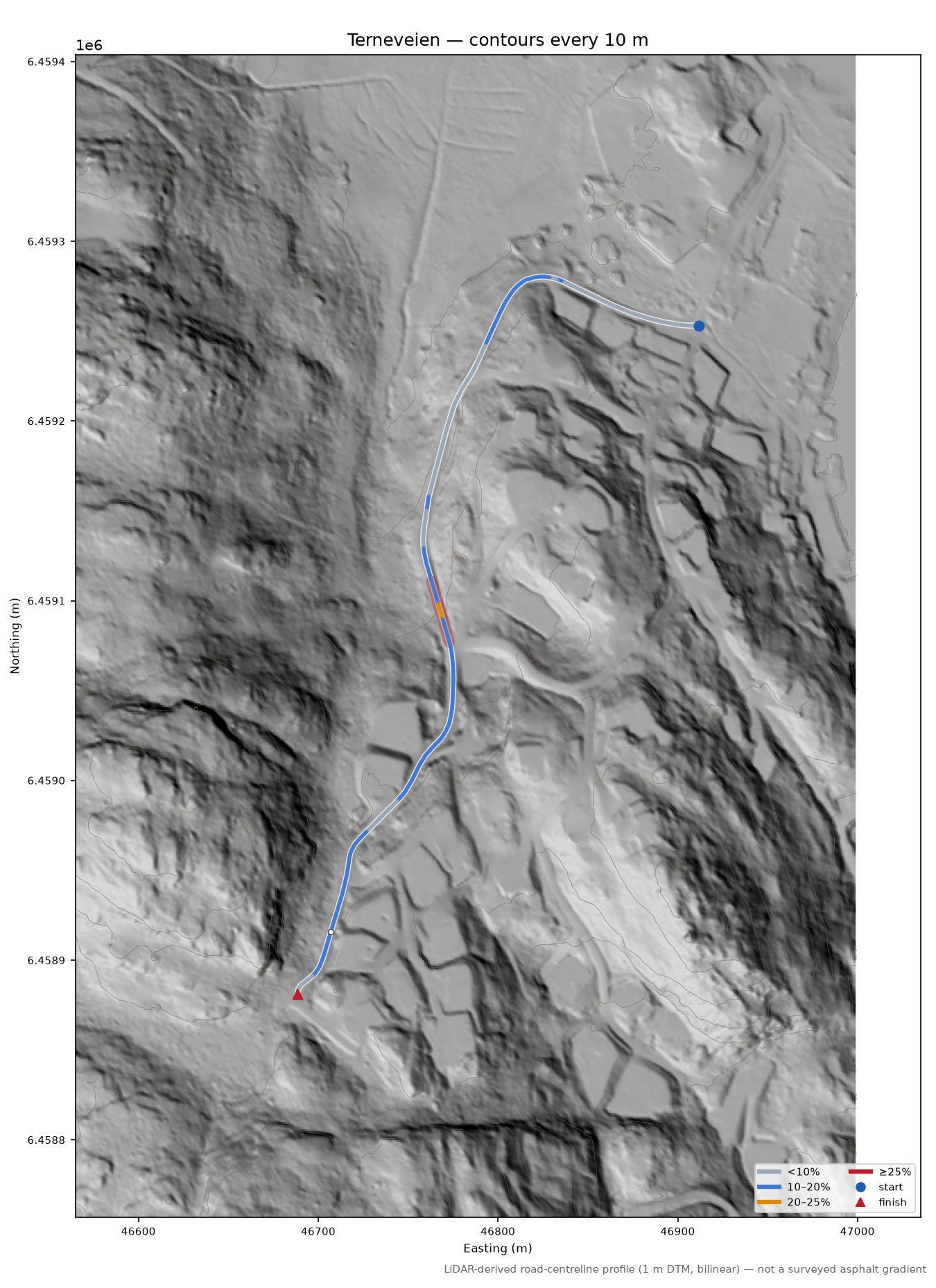 Terneveien LiDAR hillshade map with contours