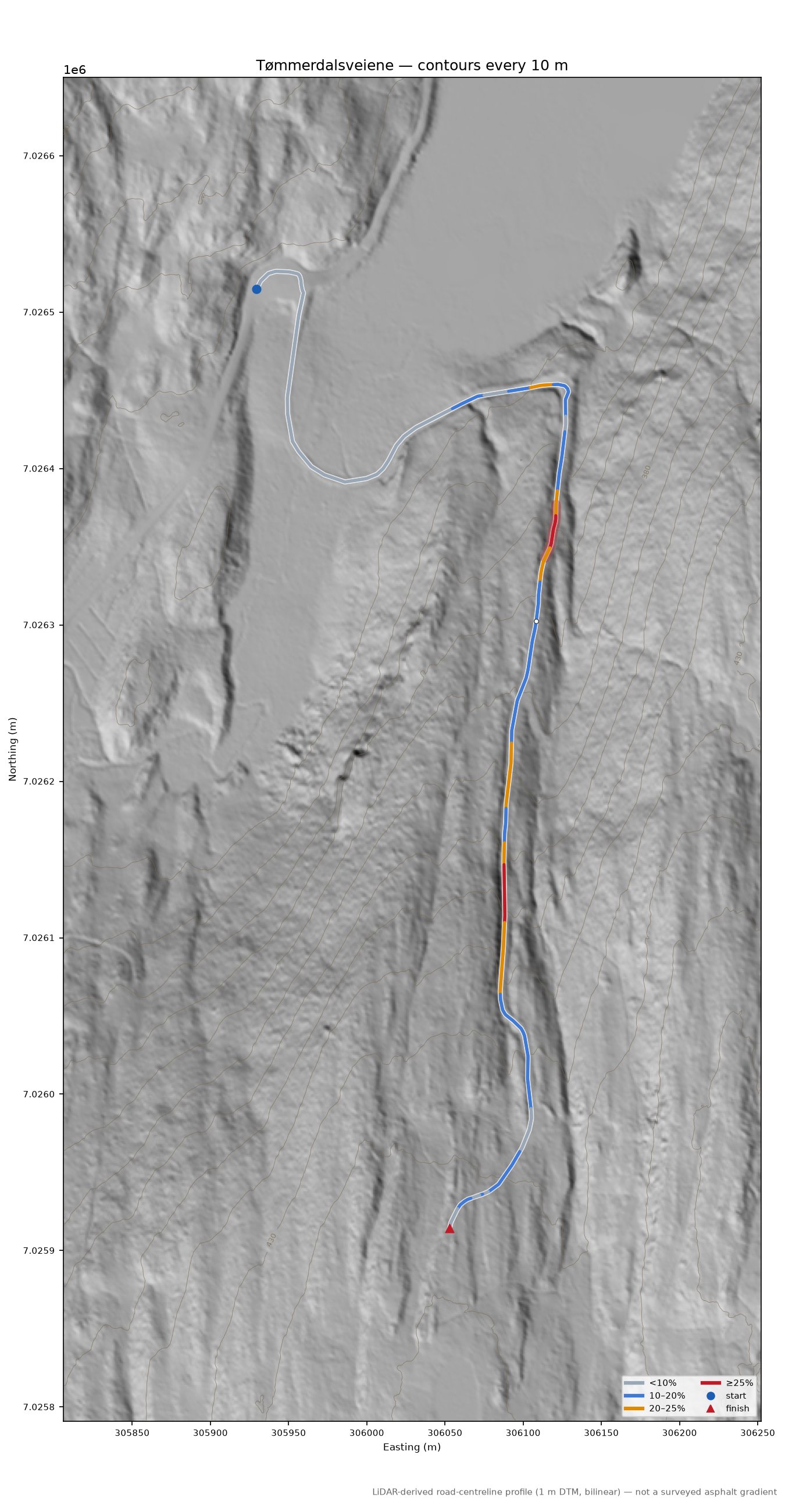 Tømmerdalsveiene LiDAR hillshade map with contours