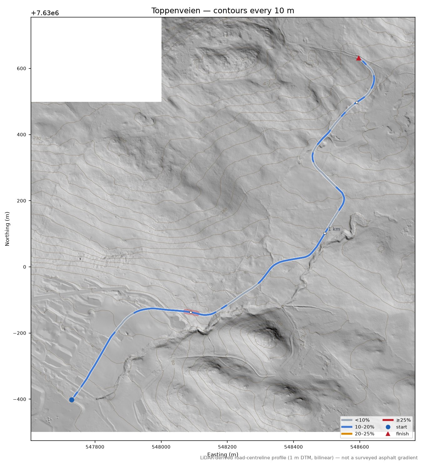Toppenveien LiDAR hillshade map with contours