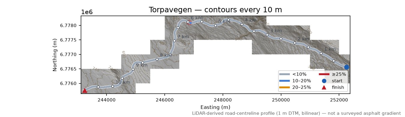 Torpavegen LiDAR hillshade map with contours