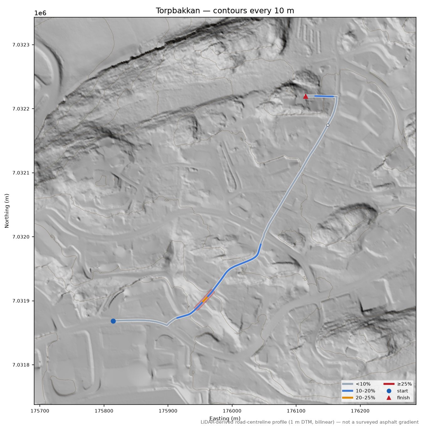 Torpbakkan LiDAR hillshade map with contours