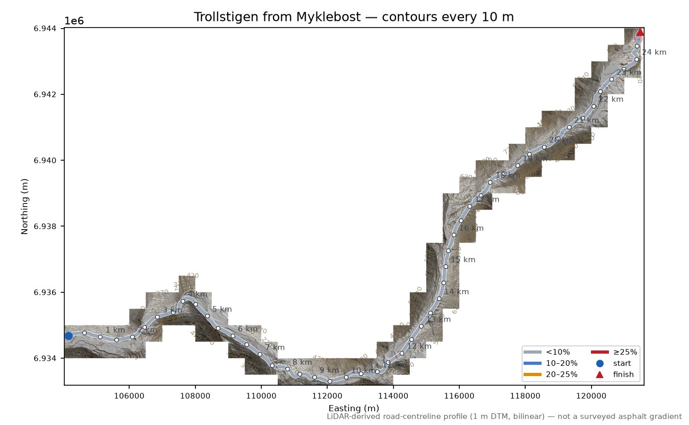 Trollstigen from Myklebost LiDAR hillshade map with contours