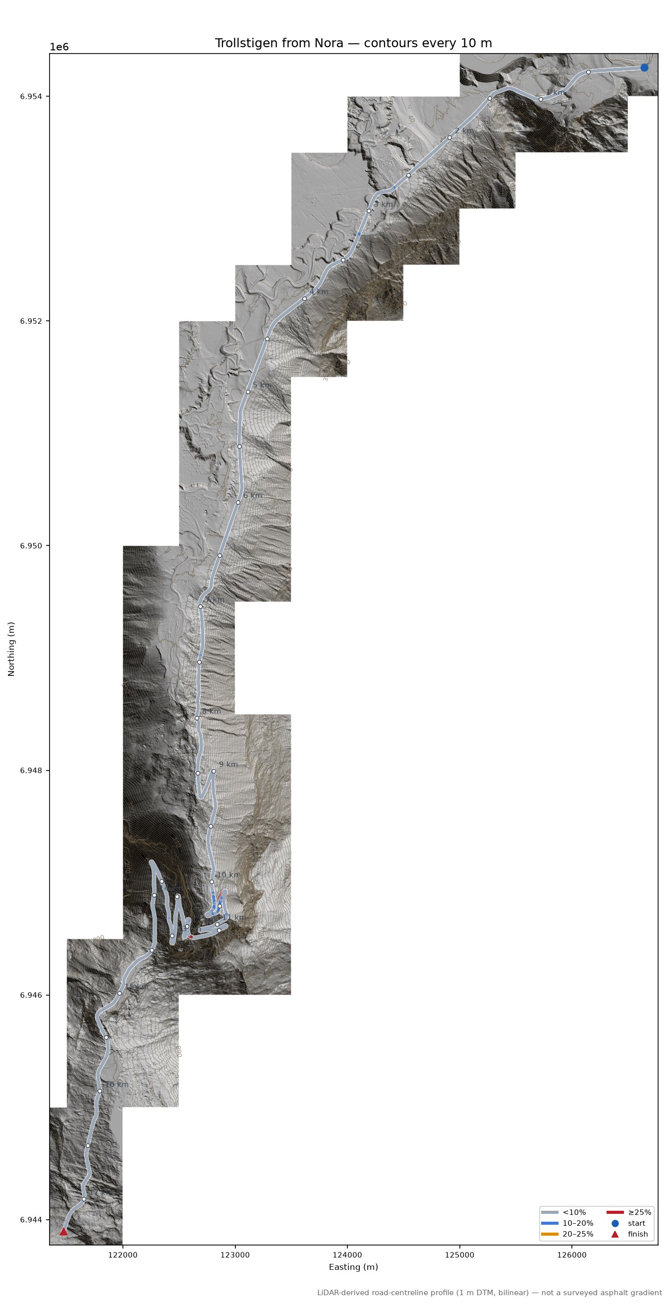 Trollstigen from Nora LiDAR hillshade map with contours