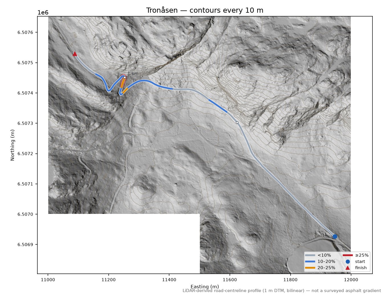 Tronåsen LiDAR hillshade map with contours