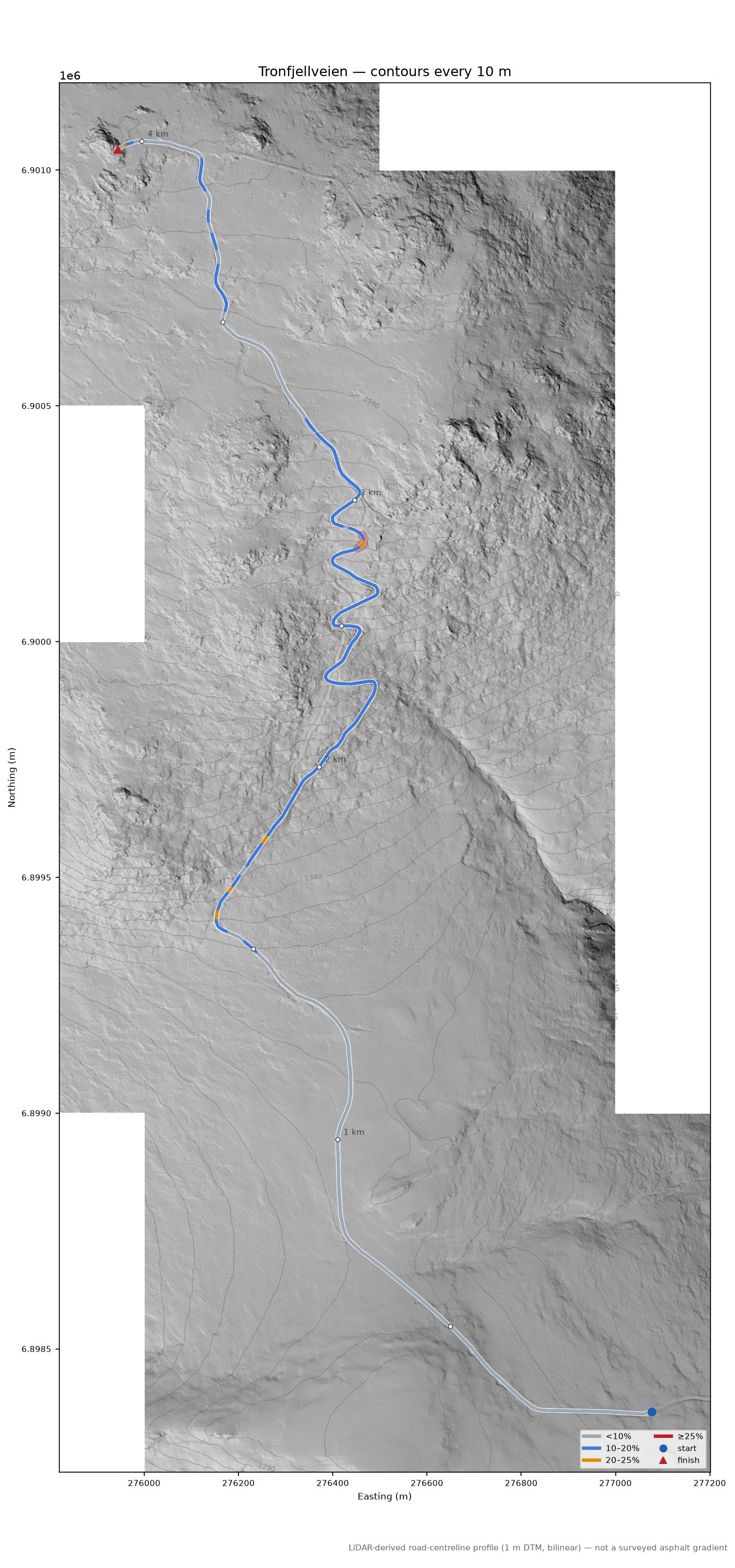 Tronfjellveien LiDAR hillshade map with contours