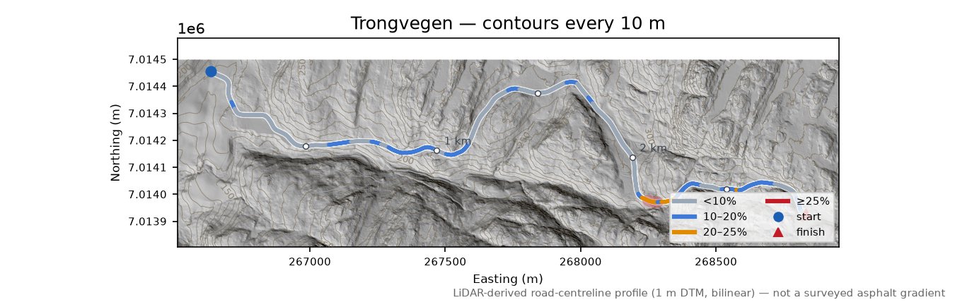 Trongvegen LiDAR hillshade map with contours