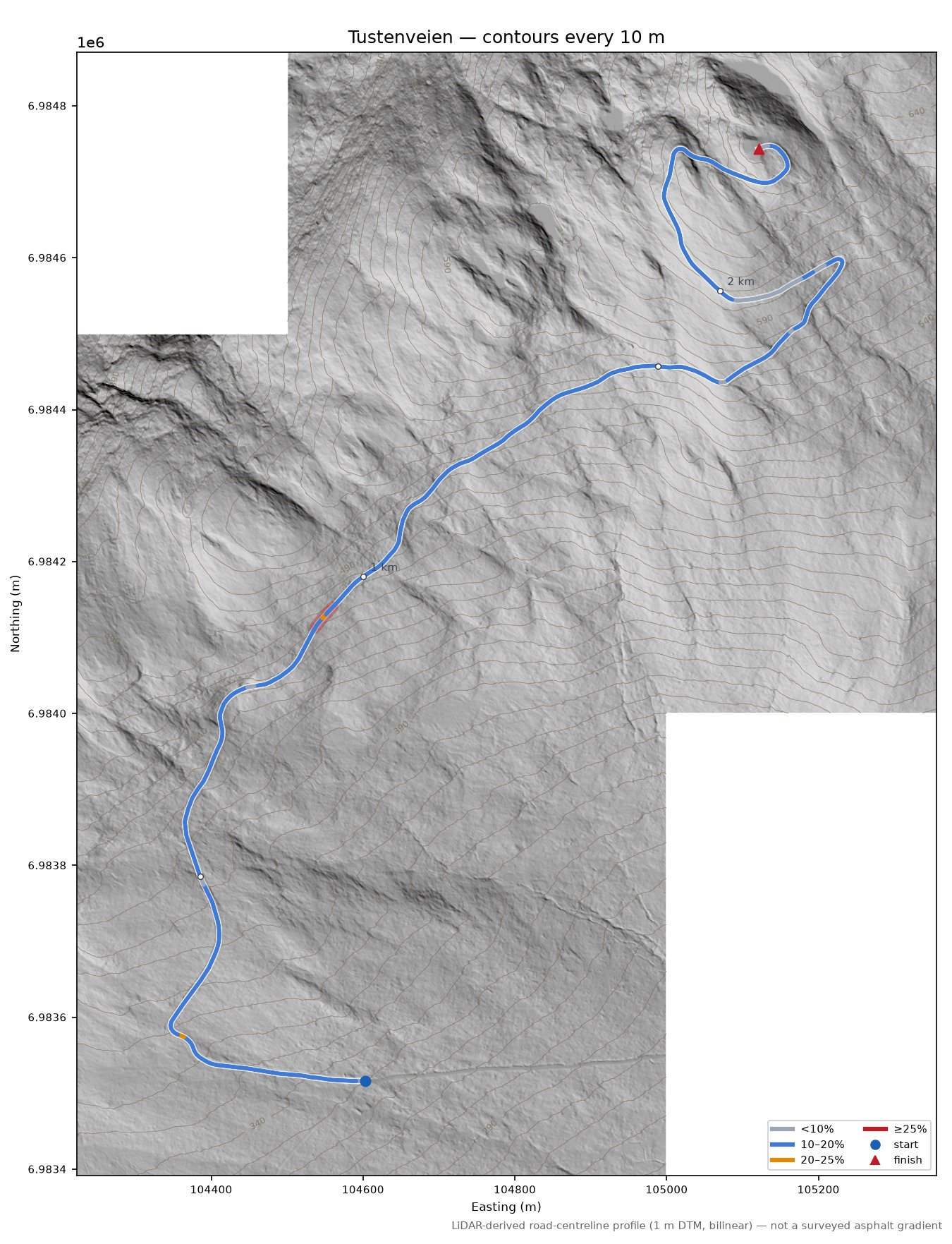 Tustenveien LiDAR hillshade map with contours