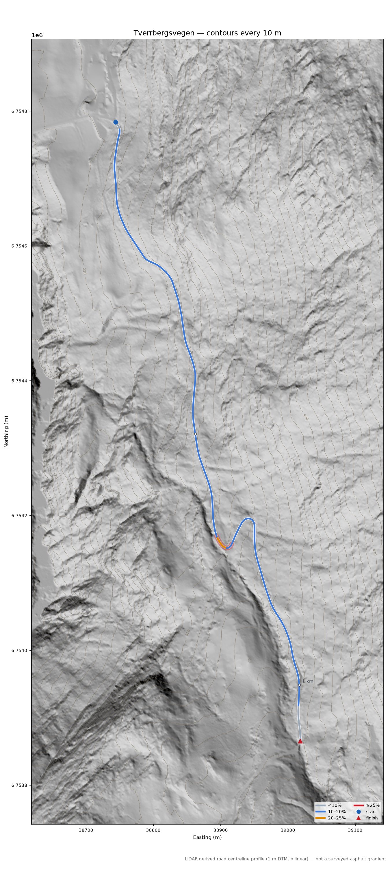 Tverrbergsvegen LiDAR hillshade map with contours