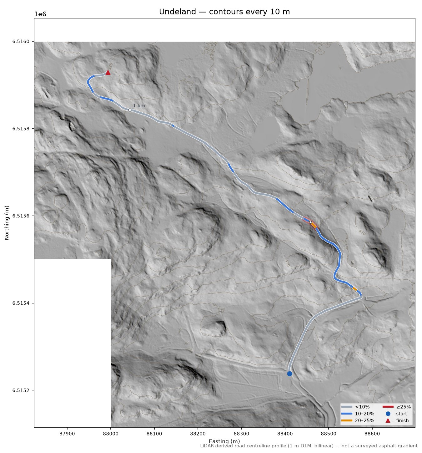 Undeland LiDAR hillshade map with contours