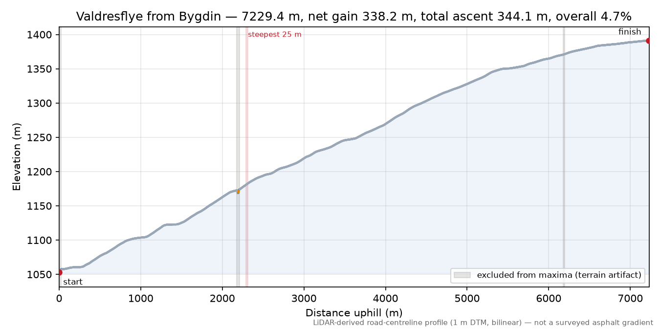 Valdresflye from Bygdin elevation profile